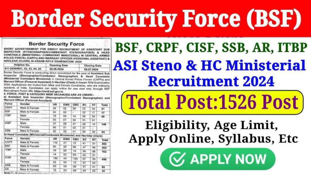 BSF HC Ministerial and ASI Steno Online Form 2024, Download Notification & Check All Details