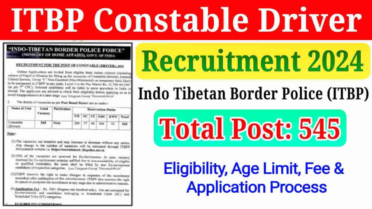 ITBP Constable Driver Recruitment 2024, Apply Online for 545 Post, Check Eligibility, Age Limit, Selection Process