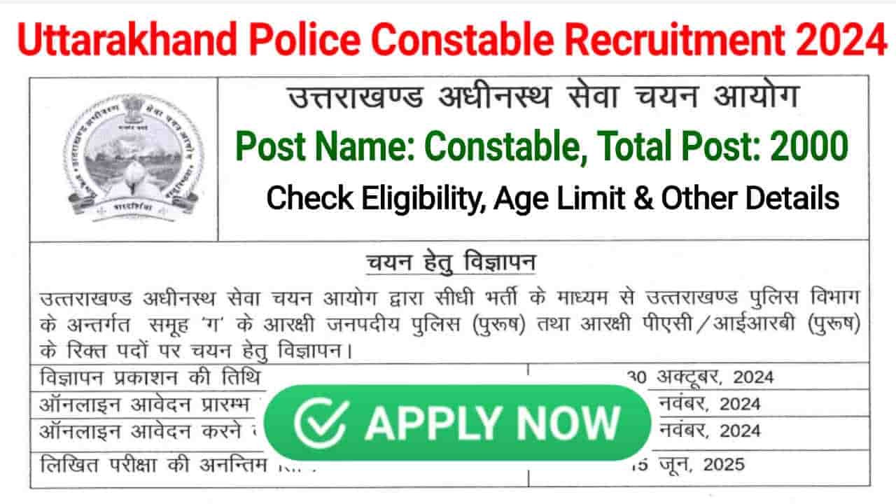 Uttarakhand Police Constable Recruitment 2024 Notification Out for 2000 Posts, Apply Online