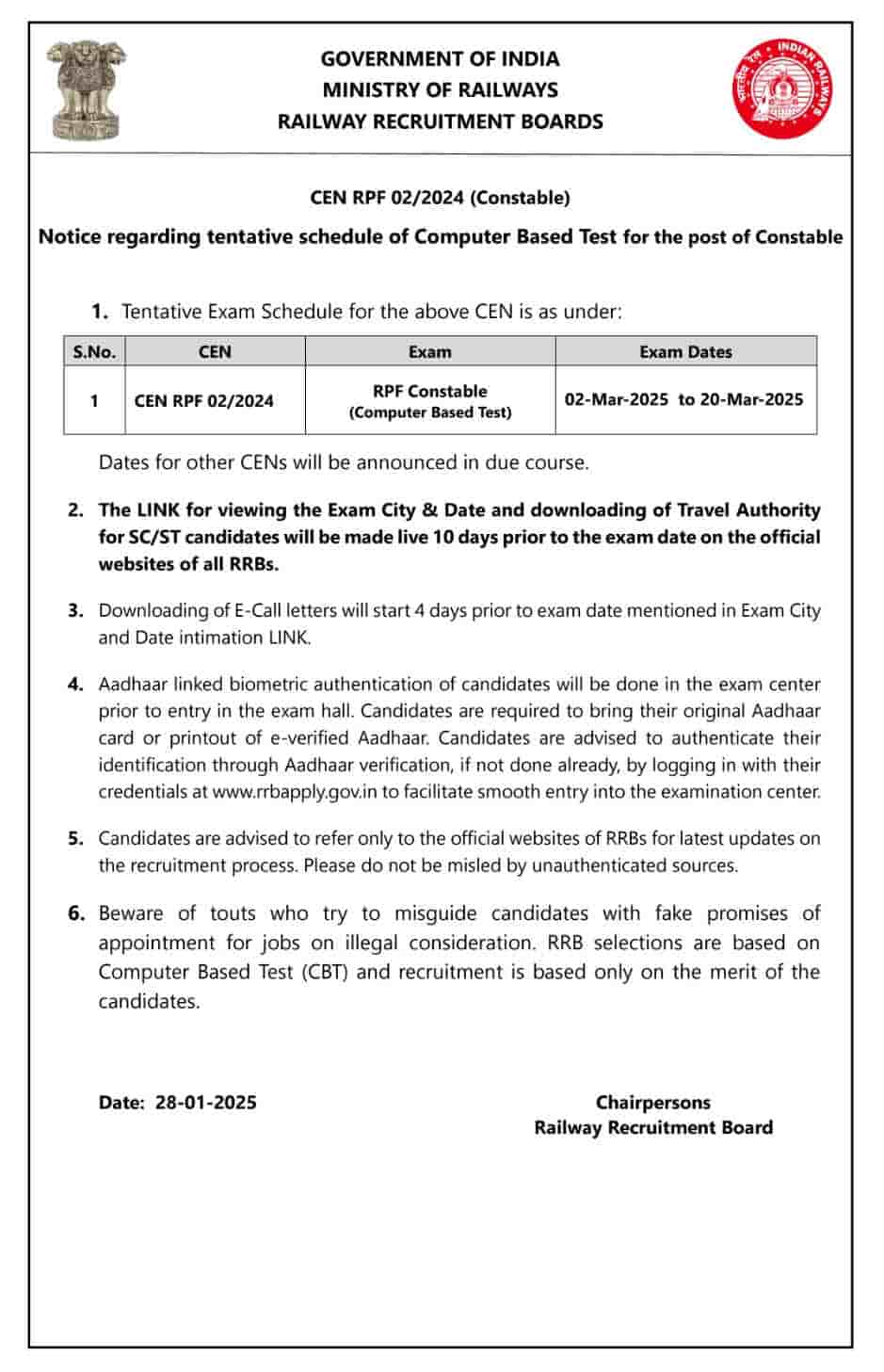 Rpf Constable Admit Card 2025 Out Hall Ticket Download Link Check